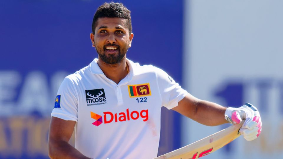 Dinesh Chandimal cradles out a celebration upon bringing up his century, Sri Lanka vs New Zealand, 2nd Test, 1st day, Galle, September 26, 2024