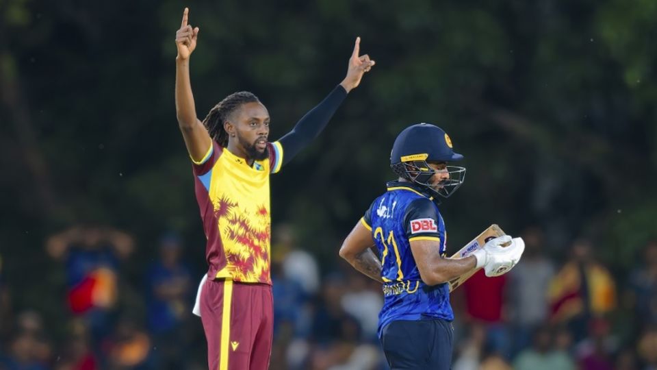 Shamar Springer celebrates his maiden T20I wicket, Sri Lanka vs West Indies, 1st T20I, Dambulla, October 13, 2024