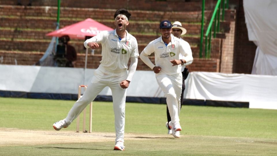 Naveed Zadran celebrates the wicket of Sean Williams, Zimbabwe vs Afghanistan, 1st Test, Bulawayo, December 27, 2024