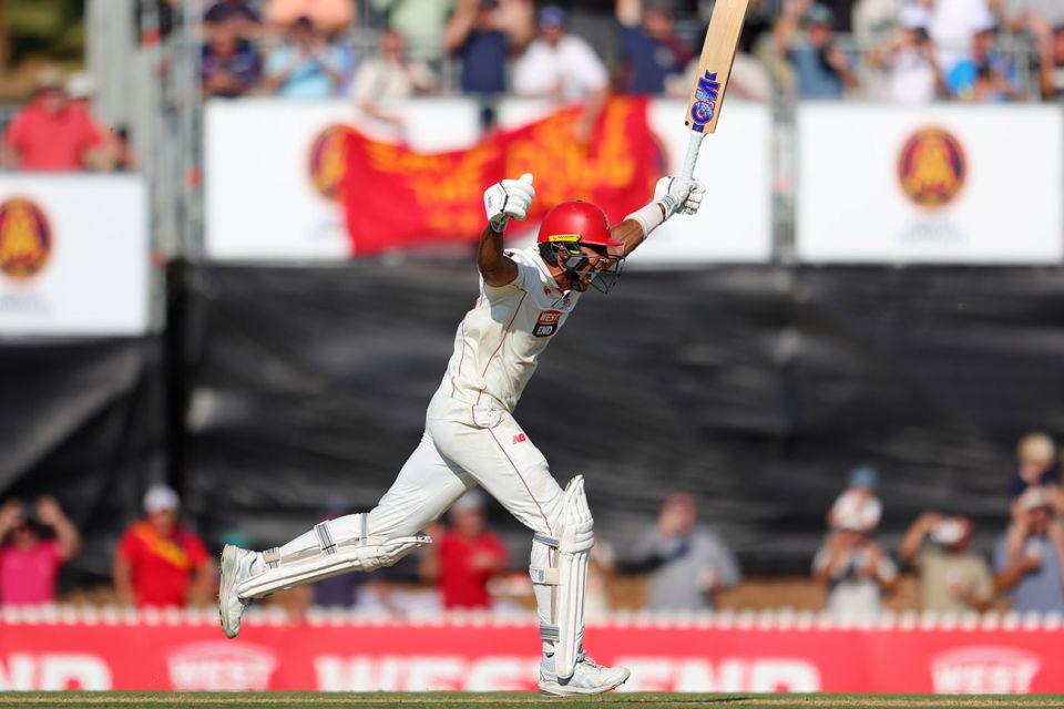 Jason Sangha raises his arms aloft as he scores the winning runs, South Australia vs Queensland, Sheffield Shield final, Karen Rolton Oval, March 29, 2025