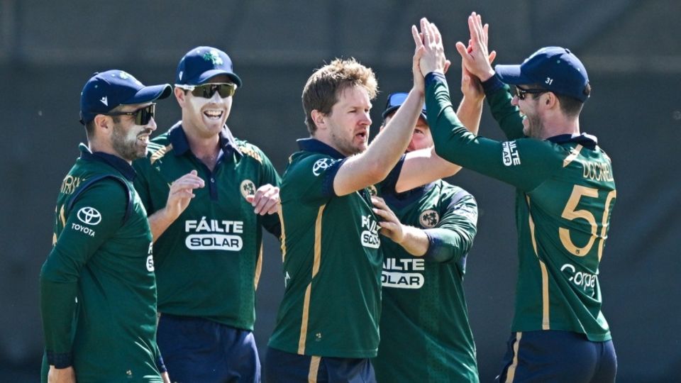 Barry McCarthy celebrates with his team-mates after dismissing Amir Jangoo, Ireland vs West Indies, 1st ODI, Dublin, May 21, 2025