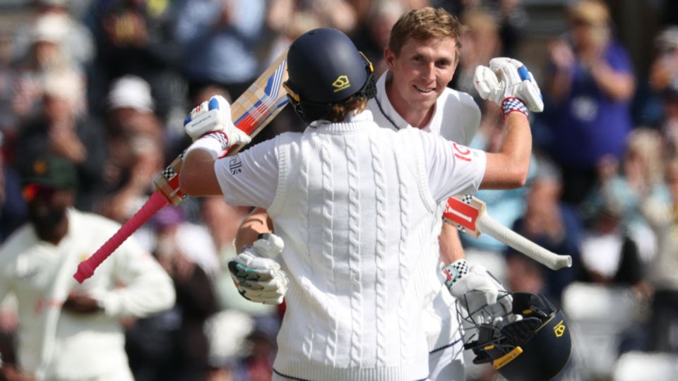Zak Crawley is congratulated by Ollie Pope after reaching his fifth Test century, England vs Zimbabwe, Trent Bridge, 1st day, May 22, 2025