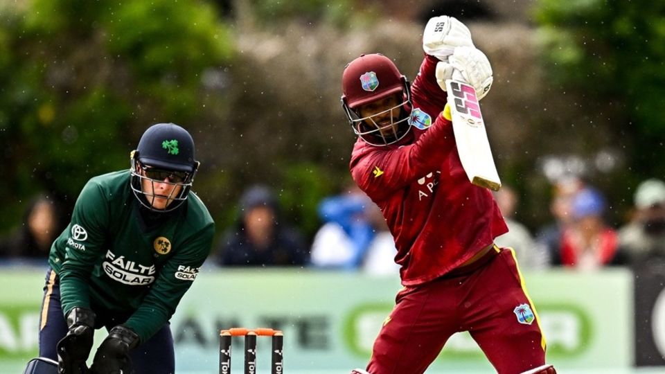 Lorcan Tucker looks on as Shai Hope, who made 75, hits a shot, Ireland vs West Indies, 3rd ODI, Dublin, May 25, 2025