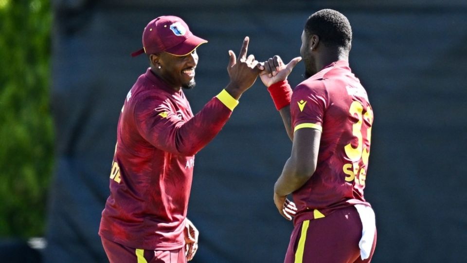 Matthew Forde and Jayden Seales celebrate Andy Balbirnie's wicket, Ireland vs West Indies, 3rd ODI, Dublin, May 25, 2025