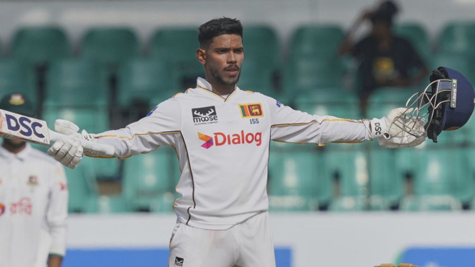 Pathum Nissanka celebrates his fourth Test ton, Sri Lanka vs Bangladesh, 2nd Test, 2nd day, Colombo, June 26, 2025