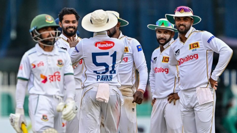 Dhananjaya de Silva is all smiles after getting rid of Mominul Haque, Sri Lanka vs Bangladesh, 2nd Test, Colombo, 3rd day, June 27, 2025