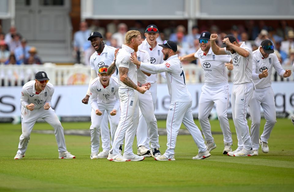 Ben Stokes at the centre surrounded by the rest of England, England vs India, 3rd Test, Lord's, London, Day 5, July 14, 2025