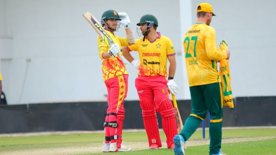 Brian Bennett celebrates fifty during his 78-run stand with Ryan Burl, Zimbabwe vs South Africa, Men's T20I tri-series, Harare, July 20, 2025
