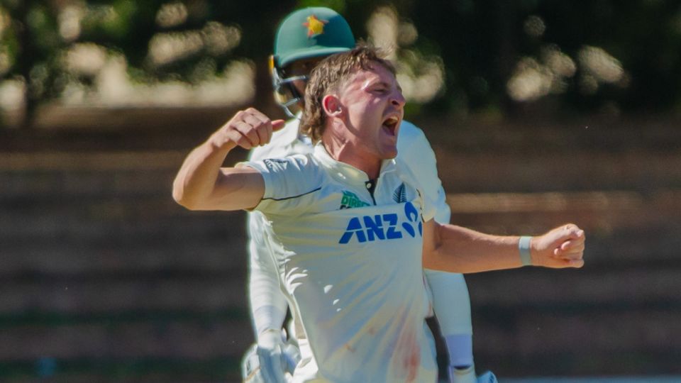Nathan Smith is ecstatic, Zimbabwe vs New Zealand, 1st Test, 1st Day, Bulawayo, July 30, 2025