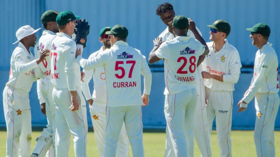 Blessing Muzarabani celebrates Michael Bracewell's dismissal, Zimbabwe vs New Zealand, 1st Test, 2nd day, Bulawayo, July 31, 2025