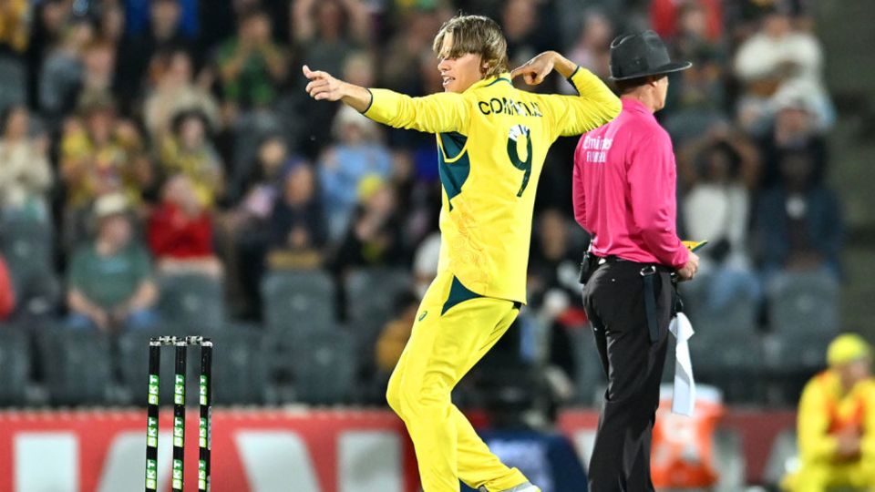 Cooper Connolly celebrates removing Dewald Brevis, Australia vs South Africa, 3rd ODI, Mackay, August 24, 2025