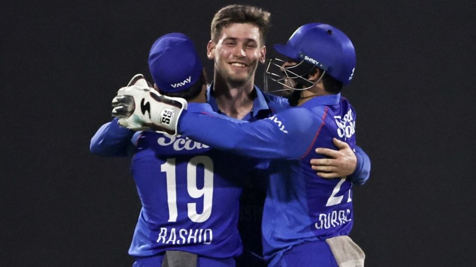 Noor Ahmad celebrates a wicket with Rashid Khan and Rahmanullah Gurbaz, Afghanistan vs Pakistan, final, UAE T20I tri-series, Sharjah, September 7, 2025