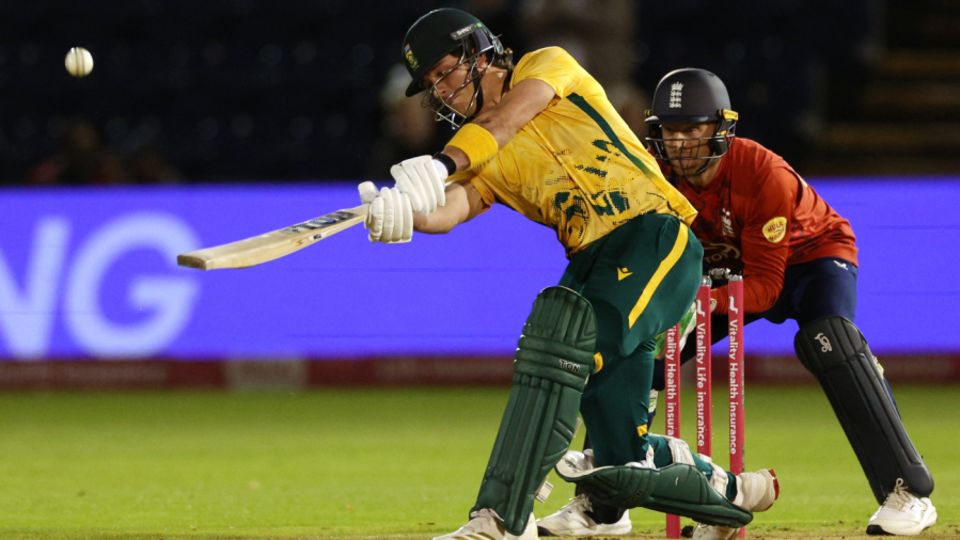 Dewald Brevis drills a six down the ground, England vs South Africa, 1st Men's T20I, Cardiff, September 10, 2025