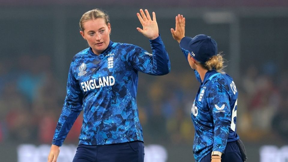 Sophie Ecclestone celebrates after getting rid of Deepti Sharma, India vs England, Women's ODI World Cup, Indore, October 19, 2025