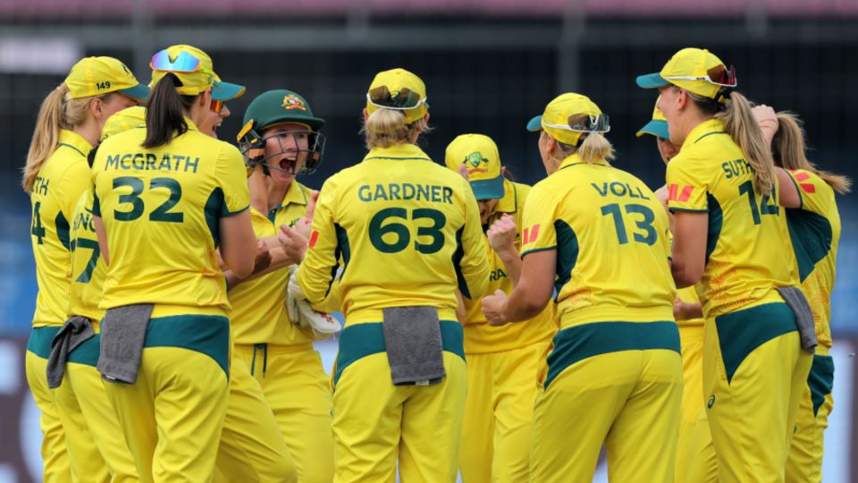 Australia celebrate the DRS review that sent Heather Knight on her way, Australia vs England, Women's World Cup, Indore, October 22, 2025