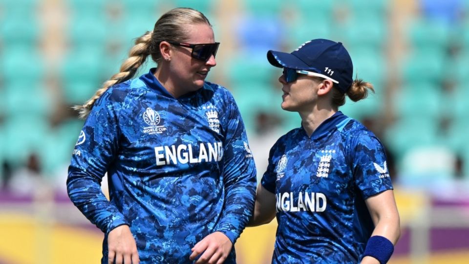 Sophie Ecclestone is congratulated by nat Sciver-Brunt after sending back Brooke Halliday, England vs New Zealand, Women's World Cup, Visakhapatnam, October 26, 2025
