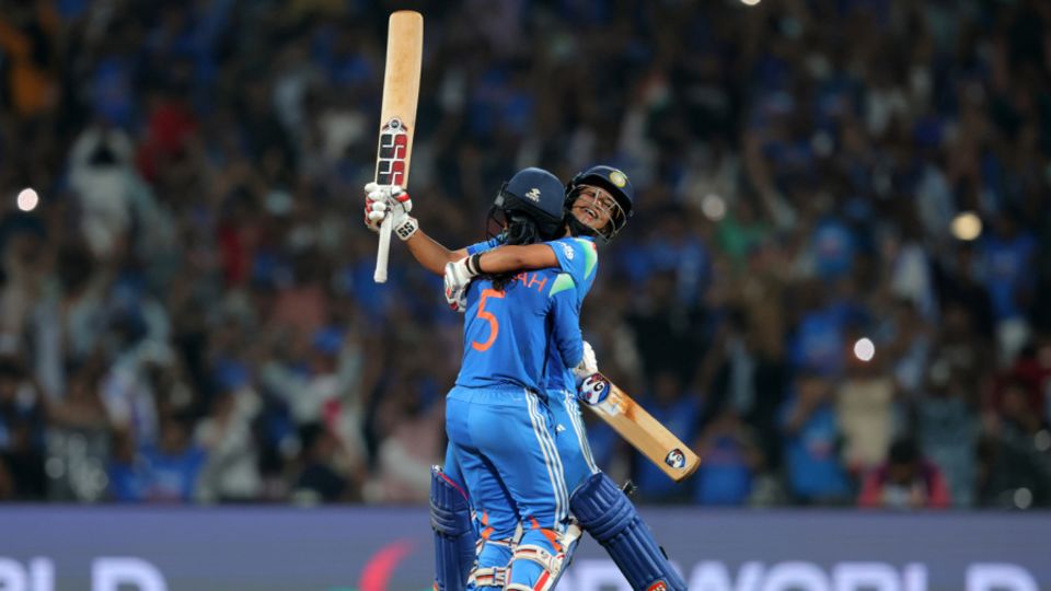 Jemimah Rodrigues and Amanjot Kaur embrace in the middle, India vs Australia, Women's World Cup semi-final, Navi Mumbai, October 30, 2025 