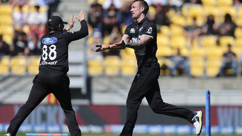 Blair Ticker celebrates the wicket of Jos Buttler, New Zealand vs England, 3rd ODI, Wellington, November 1, 2025