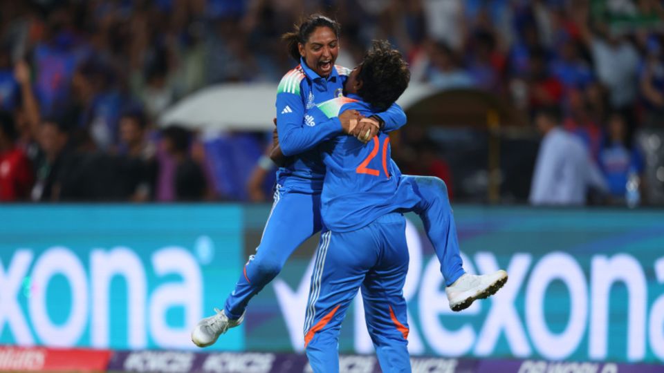 Harmanpreet Kaur and Arundhati Reddy embrace after becoming world champions, India vs South Africa, Women's World Cup final, Navi Mumbai, November 2, 2025