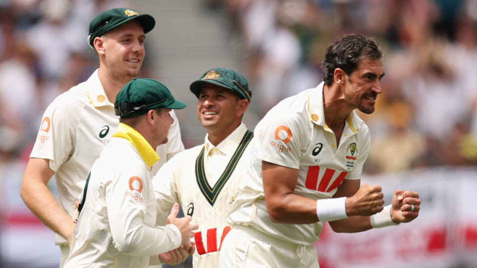 Mitchell Starc roars after claiming Ben Stokes for his 10th wicket of the match, Australia vs England, 1st Test, The Ashes, Perth Stadium, November 22, 2025