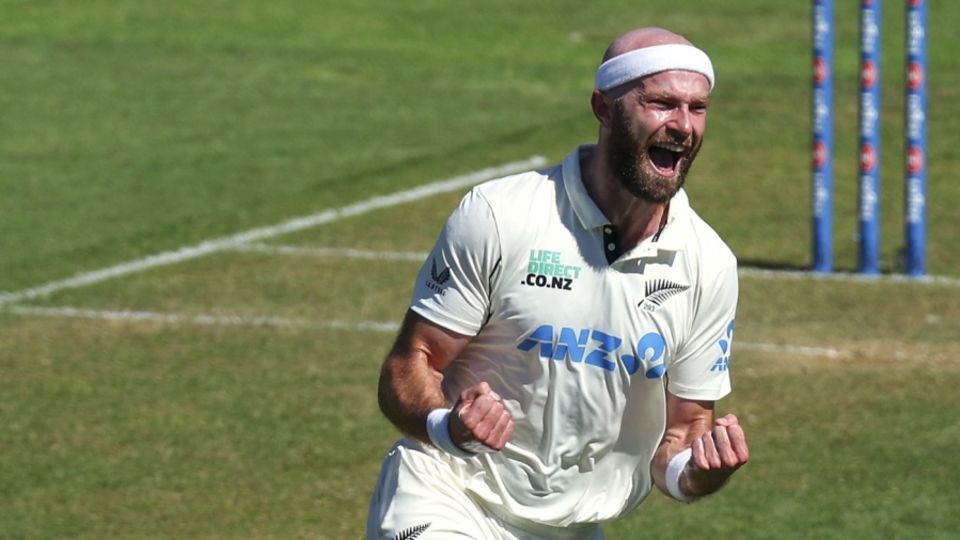 Michael Rae celebrates Justin Greaves' wicket, New Zealand vs West Indies, 2nd Test, Wellington, 1st day, December 10, 2025