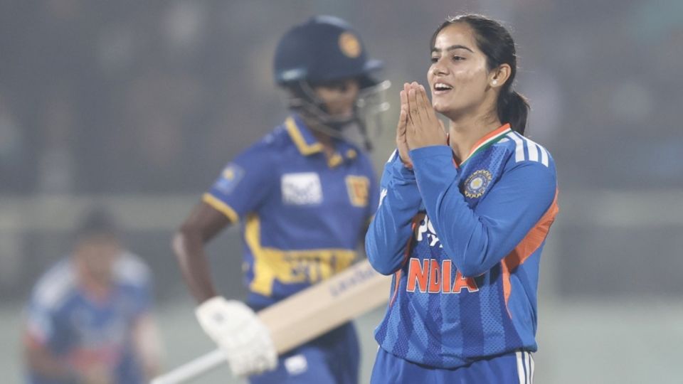 Vaishnavi Sharma reacts after picking up her first international wicket, India vs Sri Lanka, 2nd Women's T20I, Visakhapatnam, December 23, 2025