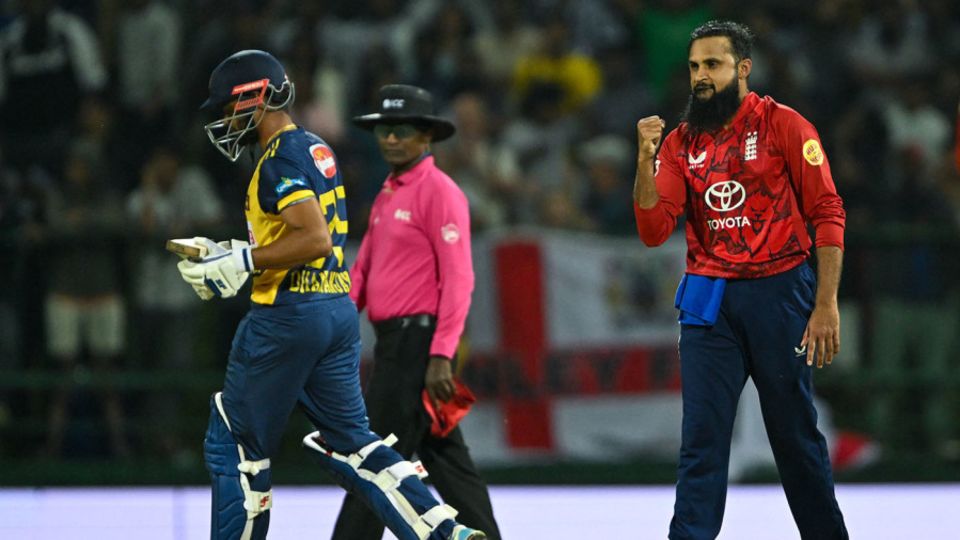 Adil Rashid celebrates after taking the wicket of Dhananjaya de Silva, 1st T20I, Sri Lanka vs England, Pallekele, January 30, 2026