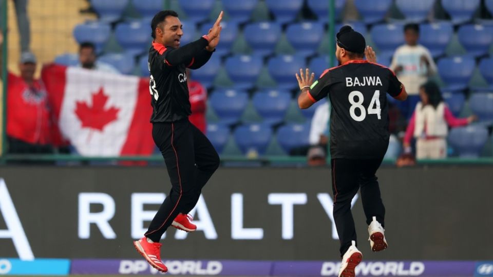 Saad Bin Zafar celebrates Alishan Sharafu's dismissal, Canada vs UAE, Men's T20 World Cup, Delhi, February 13, 2026