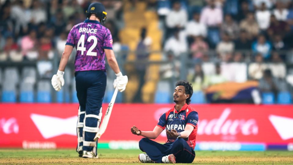 Sompal Kami meditates in celebration after dismissing Tom Bruce, Scotland vs Nepal, T20 World Cup, Mumbai, February 17, 2026 