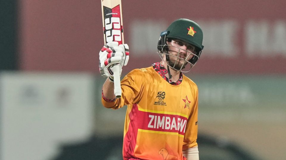 Brian Bennett celebrates his third fifty of the 2026 T20 World Cup, India vs Zimbabwe, T20 World Cup 2026, Super Eight, Chennai, February 26, 2026