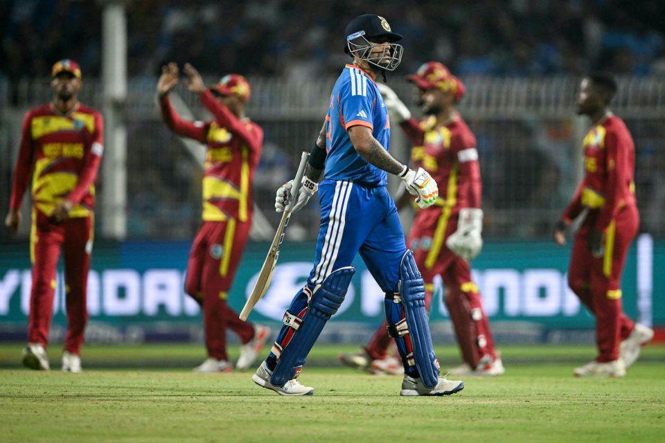 Suryakumar Yadav walks back after making 18, India vs West Indies, T20 World Cup Super Eight, Kolkata, March 1, 2026
