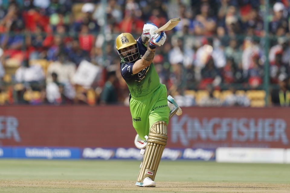 Virat Kohli dances down the pitch to loft one down the ground, Royal Challengers Bengaluru vs Delhi Capitals, IPL 2026, Bengaluru, April 18, 2026