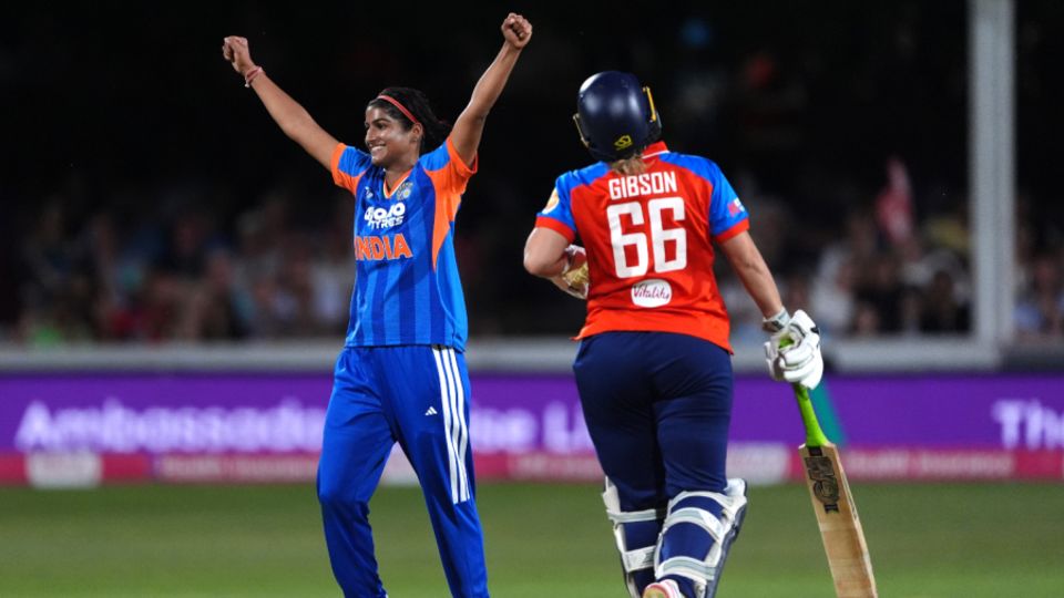 Nandani Sharma was on a hat-trick when Dani Gibson fell first ball, England vs India, 1st women's T20I, Chelmsford, May 28, 2026
