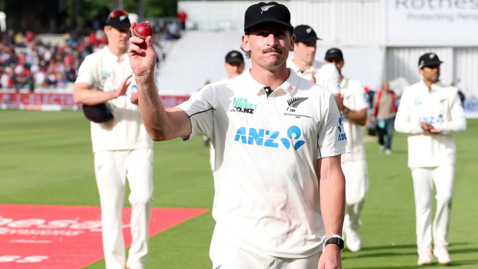 Nathan Smith holds the match ball after taking 6 for 70, England vs New Zealand, 1st men's Test, Lord's, 2nd day, June 5, 2026