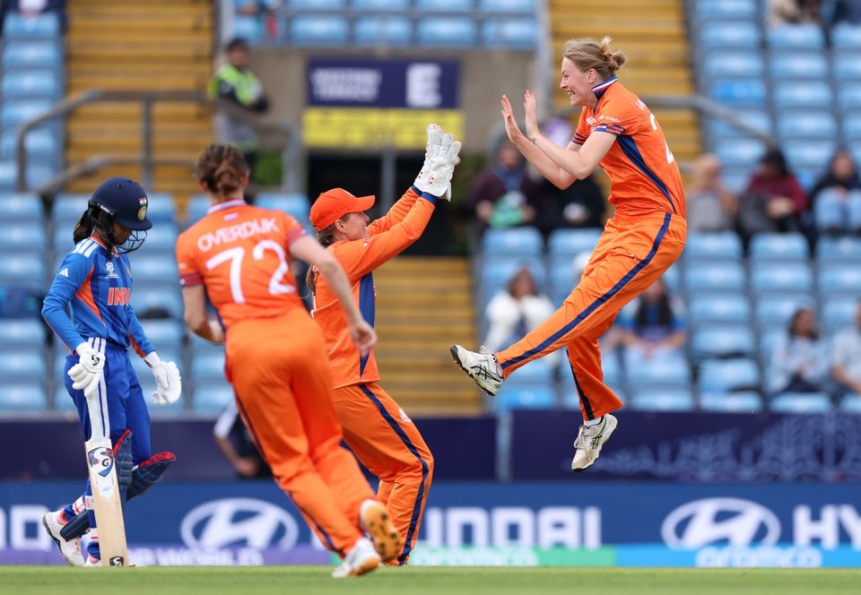 Myrthe van den Raad is thrilled after dismissing Jemimah Rodrigues, India vs Netherlands, Women's T20 World Cup, Leeds, June 17, 2026