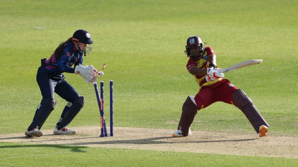 Hayley Matthews is cleaned up, Scotland vs West Indies, Women's T20 World Cup, Leeds, June 18, 2026