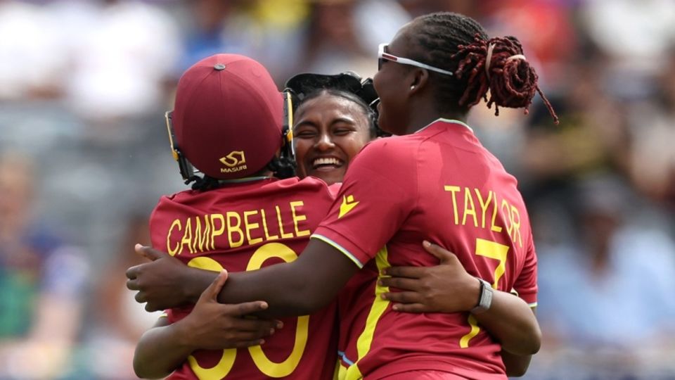 Ashmini Munisar is mobbed by Shemaine Campbelle and Stafanie Taylor after taking a wicket, Sri Lanka vs West Indies, ICC Women's T20 World Cup, Bristol, June 21, 2026