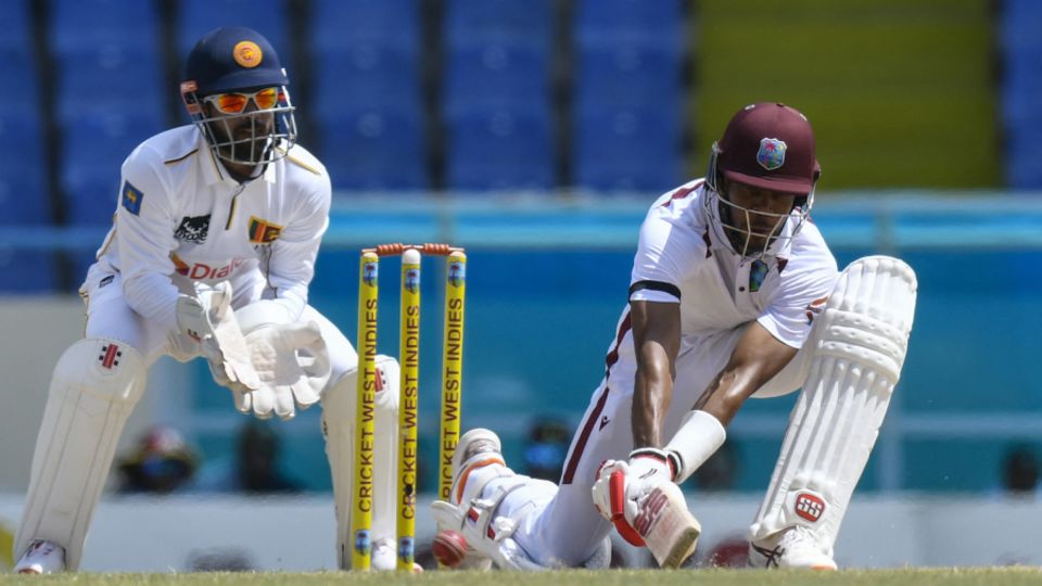 Roston Chase reverse sweeps, West Indies vs Sri Lanka, 1st Test, North Sound, 3rd day, June 27, 2026