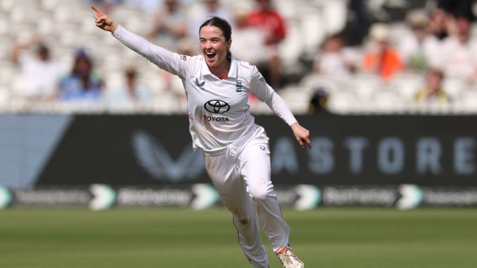 Mady Villiers wheels away after taking her first Test wicket, England vs India, only women's Test, Lord's, 1st day, July 10, 2026