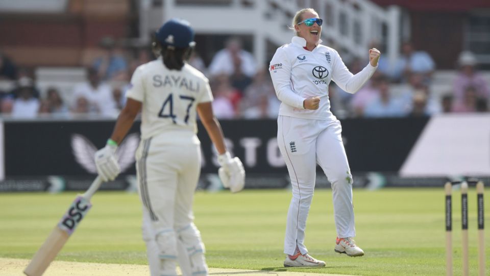 Sophie Ecclestone won an lbw decision against Sayali Satghare, England vs India, only women's Test, Lord's, 1st day, July 10, 2026