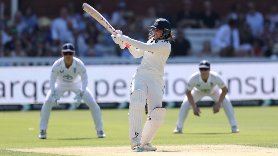 Smriti Mandhana nails a pull, England vs India, only women's Test, Lord's, 2nd day, July 11, 2026