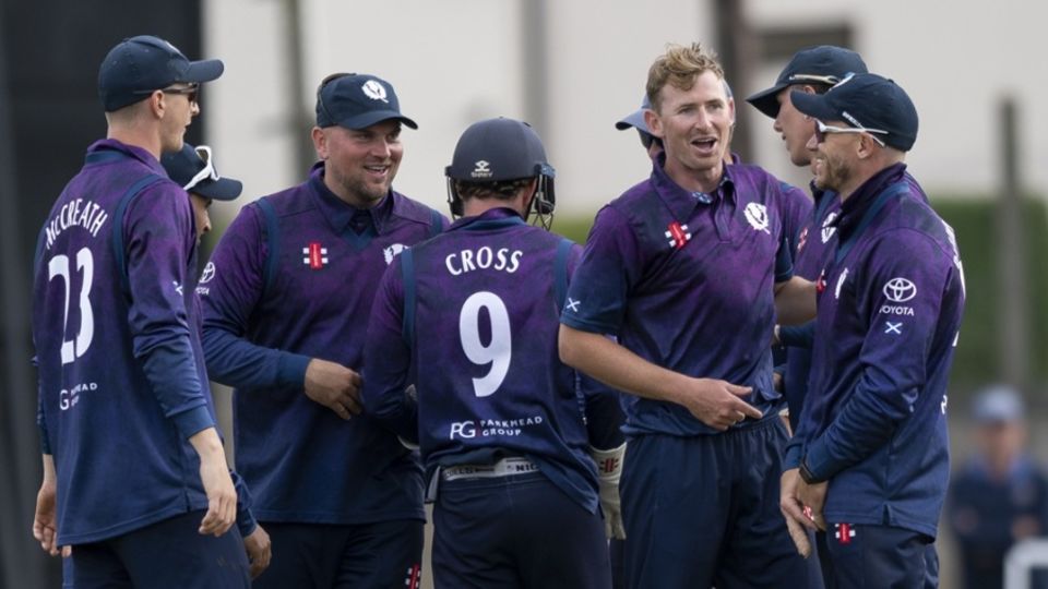 Brandon McMullen celebrates with his team-mates, Scotland vs Canada, Dundee, Men's Cricket World Cup League 2, August 7, 2026