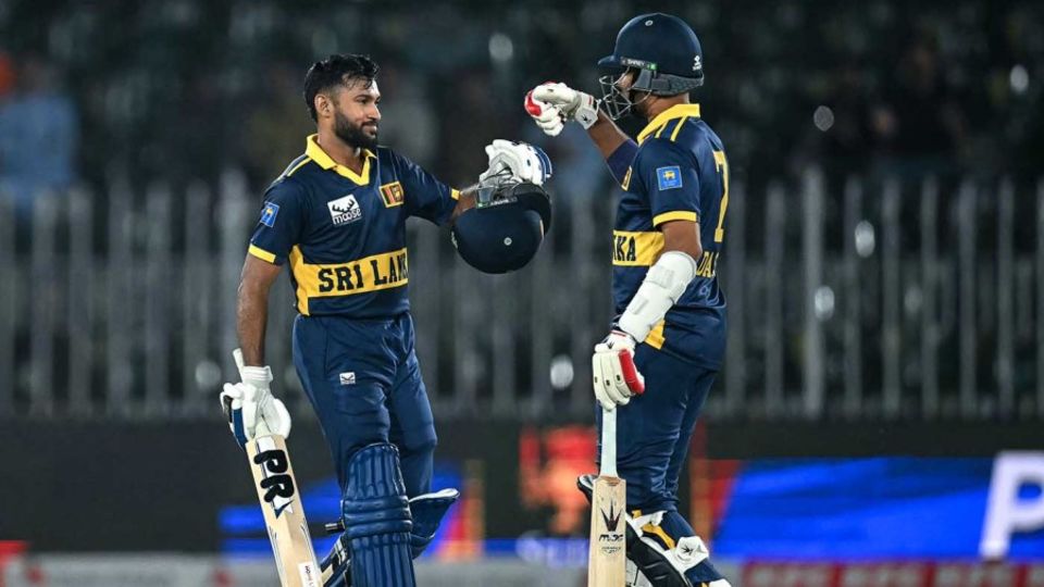 Pavan Rathnayake celebrates his ton with Dasun Shanaka, England vs Sri Lanka, Tri-series, October 22, 2026