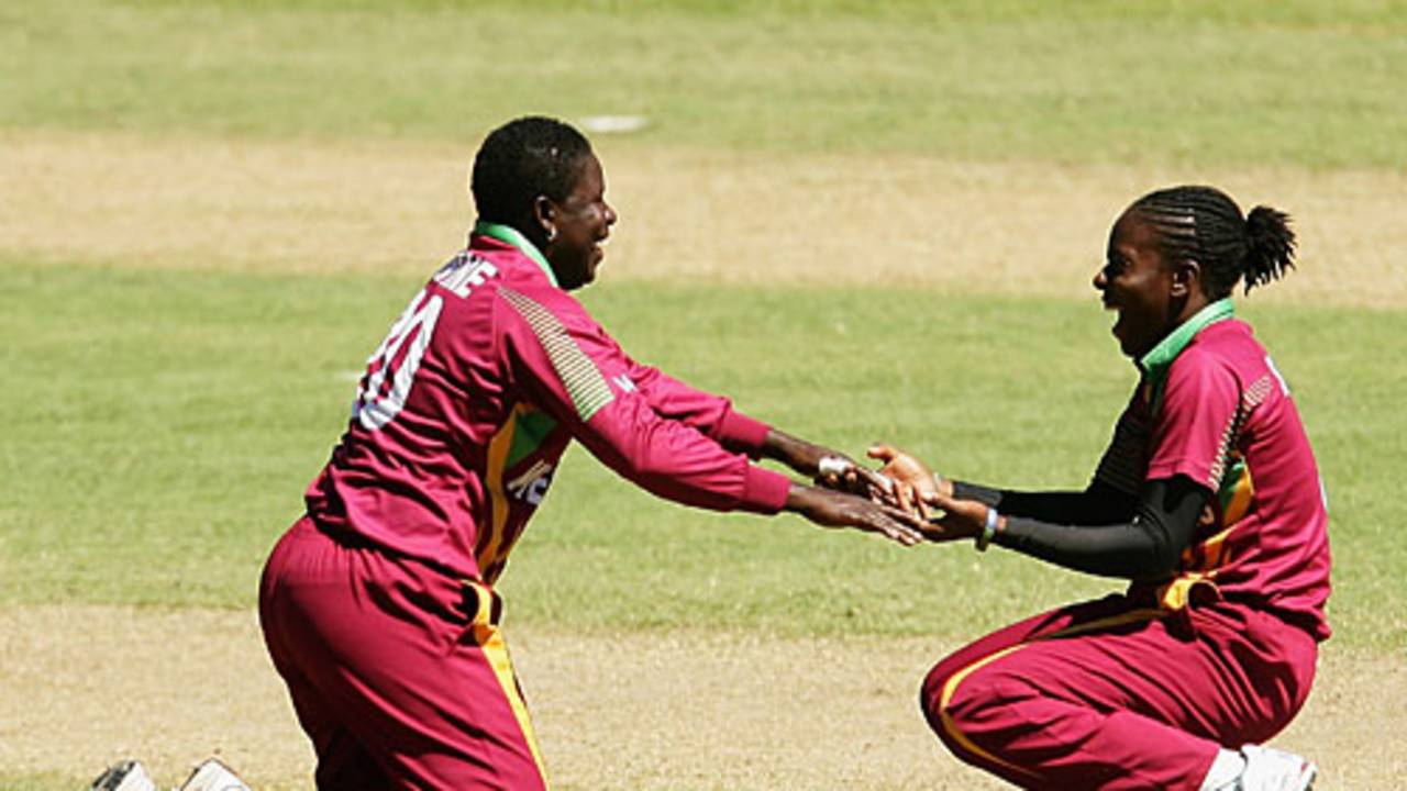 Pamela Lavine and Shakera Selman celebrate Claire Taylor's wicket, England v West Indies, Super Six, women's World Cup, Sydney, March 17, 2009
