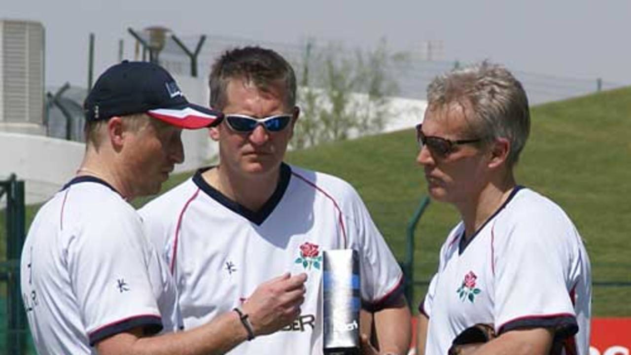 Lancashire's new coach Peter Moores discusses his plans with Glen Chapple and Gary Yates, Lancashire v Sussex, Pro Arch Trophy, Abu Dhabi, March 19, 2009