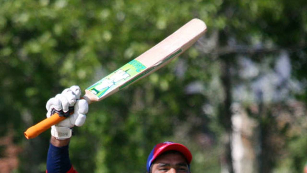 Imran Sajjad celebrates his hundred, Bahrain v Suriname, ICC World Cricket League Division 7, Guernsey, May 18, 2009