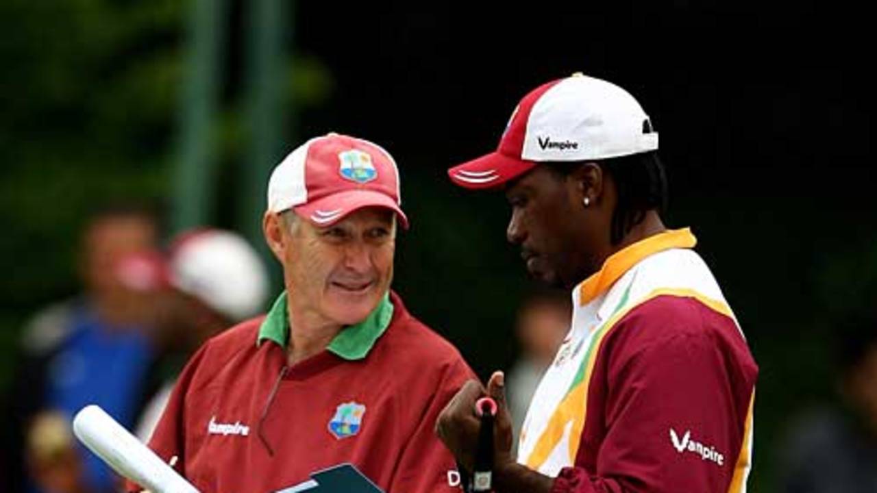 John Dyson and Chris Gayle ponder how to level the one-day series against England, Edgbaston, May 25, 2009
