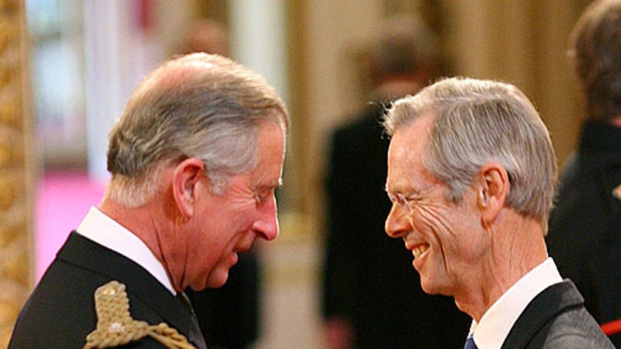 Broadcaster and journalist Christopher Martin-Jenkins receives his MBE from Prince Charles