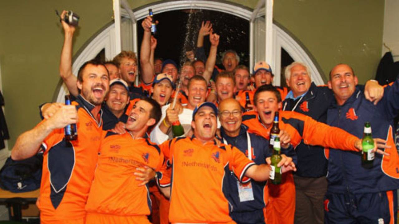 Dutch celebrations continue ... in the England dressing-room after their dramatic last-ball win, England v Netherlands, ICC World Twenty20, Lord's, June 5, 2009