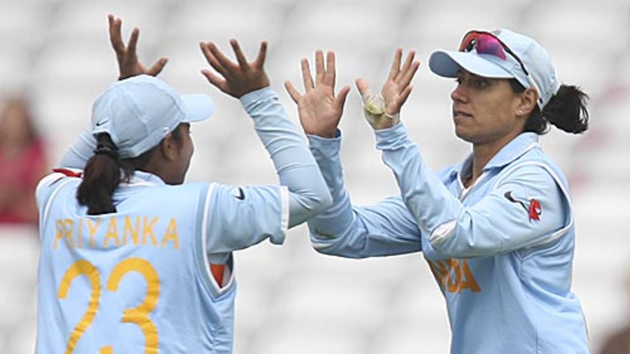 Priyanka Roy and Anjum Chopra celebrate Lucy Doolan's wicket